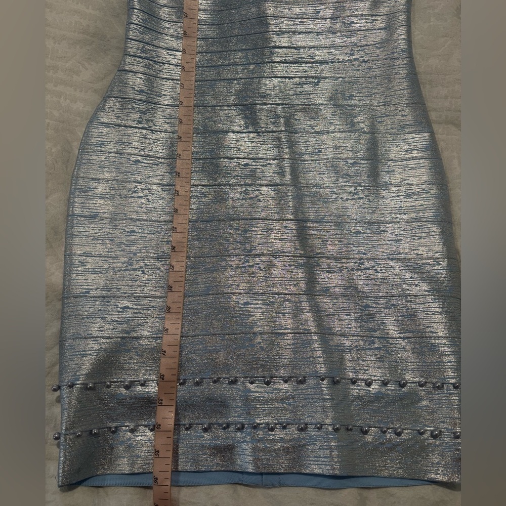 VENUS metallic Silver and blue bodycon Mini Dress mesh pearl embellishment - Picture 9 of 11